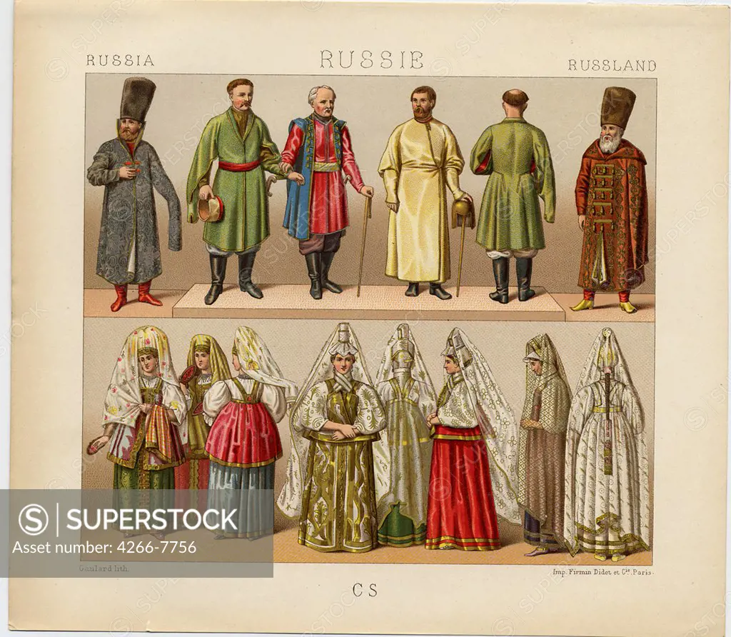 Illustration with people in traditional russian clothing by Daniel Urrabieta Vierge, Color lithograph, 1880, 1851-1904, Private Collection