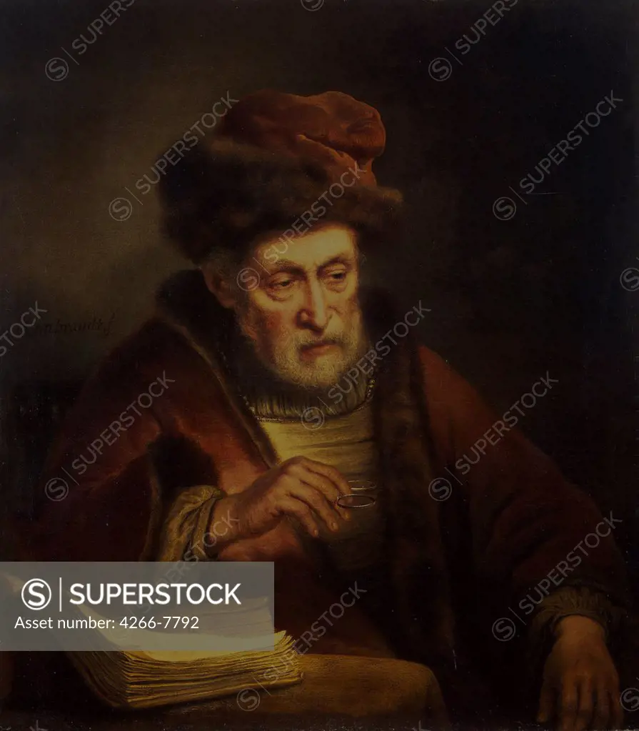 Portrait of old man holding ring by Karel van der Pluym, Oil on canvas, 1625-1672, Russia, St. Petersburg, State Hermitage, 86,5x76