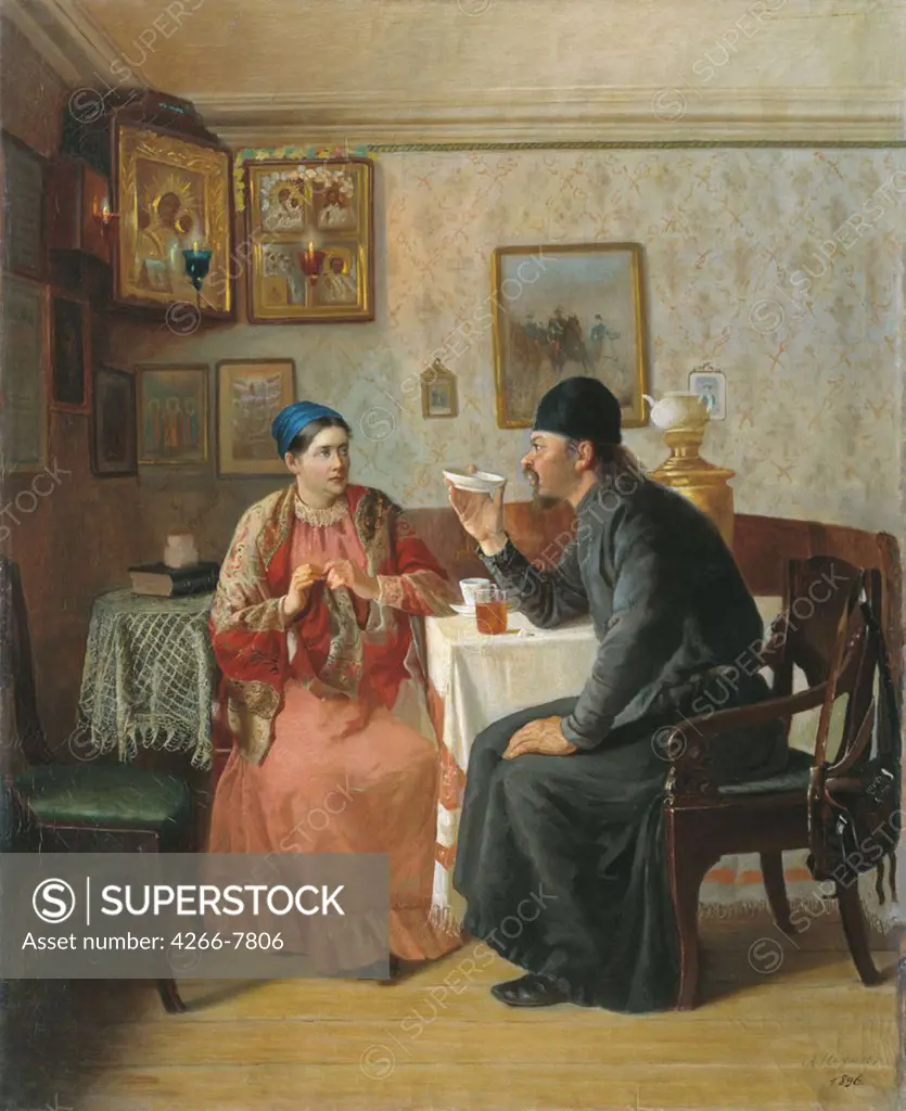 Russian lady having afternoon tea with priest by Alexey Avvakumovich Naumov, oil on canvas, 1895, 1840-1895, Russia, Bishkek, State Art Museum of the Kyrgyz Republic