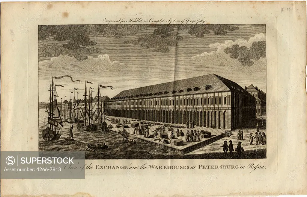 View of Neva river and stock exchange building by unknown painter, etching, 1778, Private Collection,