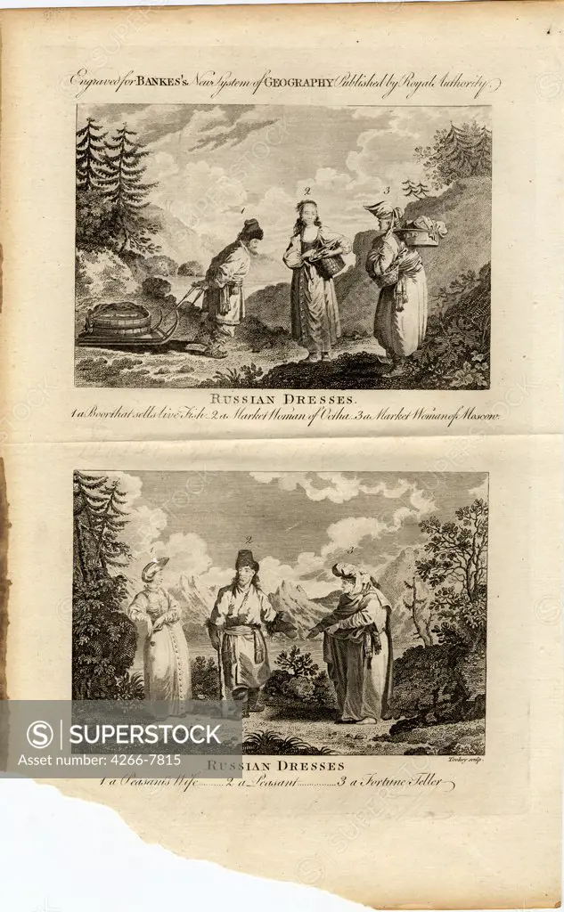 Traditional Russian dresses by James Tookey, etching, circa 1775, active end of 18th century, Private Collection