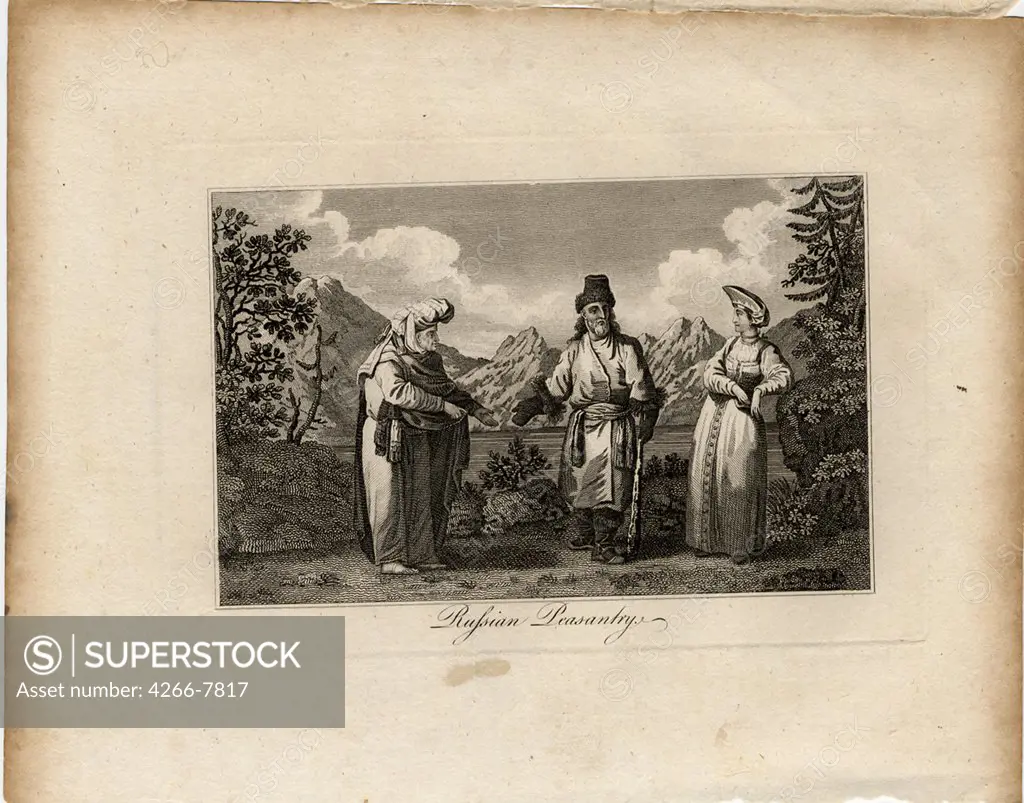 Peasants in traditional dresses by James Tookey, etching, circa 1775, active end of 18th century, Private Collection