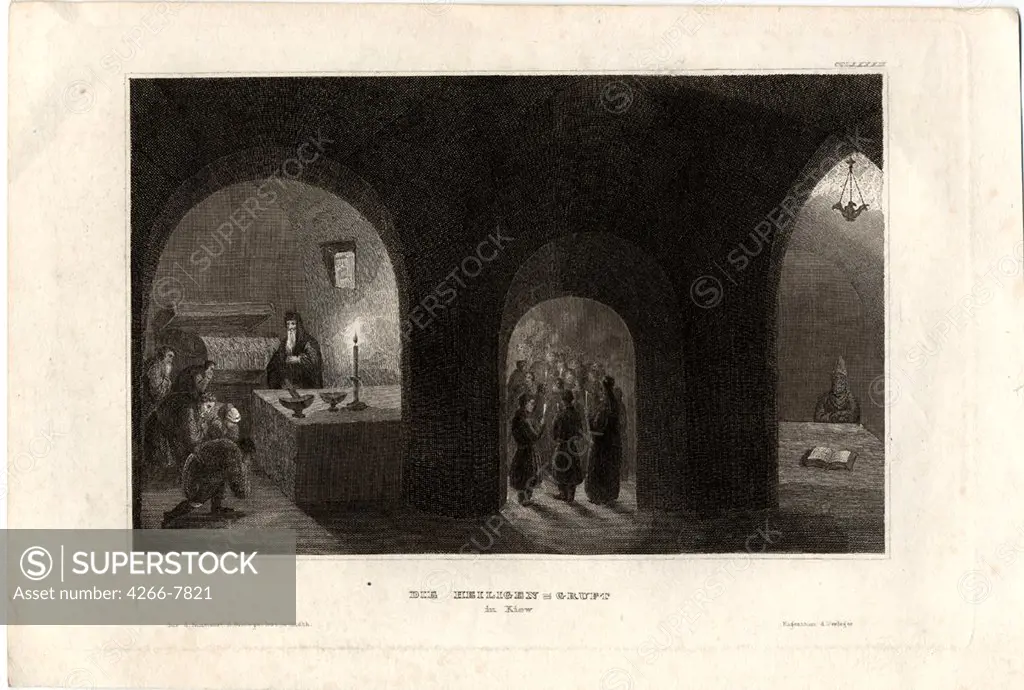Monastery of Caves interior by unknown painter etching, 1850, Private Collection, 12x16