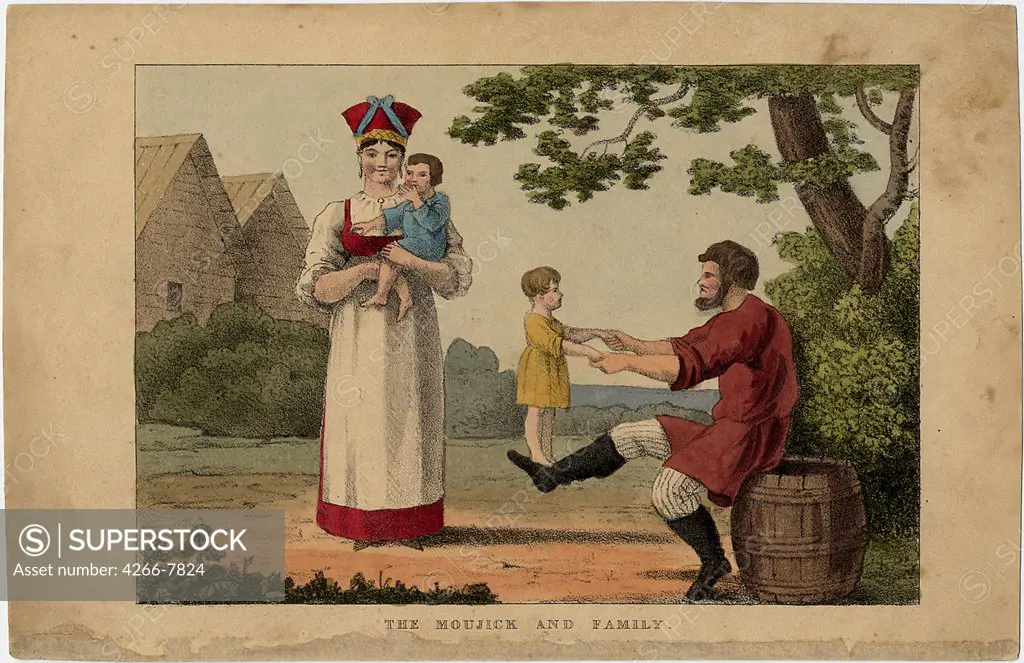 Family scene in garden by unknown painter, lithograph, watercolor, 1810s, Private Collection
