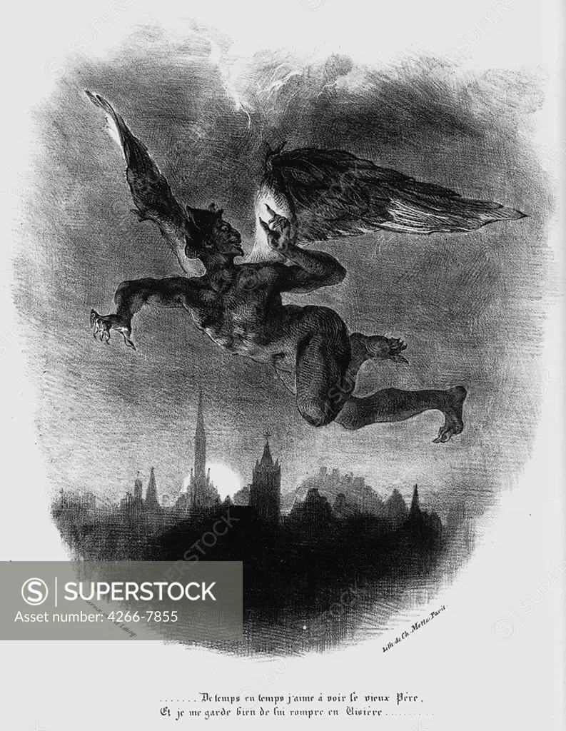Mephistopheles by Eugene Delacroix, lithograph, 1828, 1798-1863, Private Collection