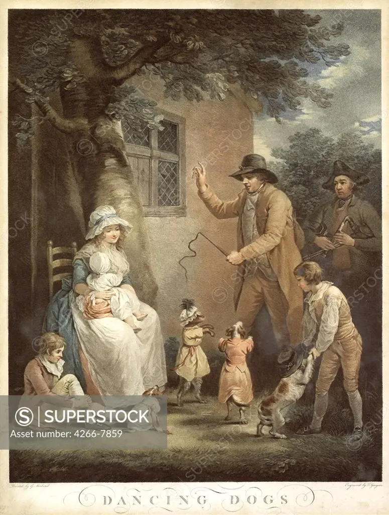 Family scene with pets by George Morland, copper engraving, watercolor, circa 1800, 1736-1804, Private Collection, 56x42,5