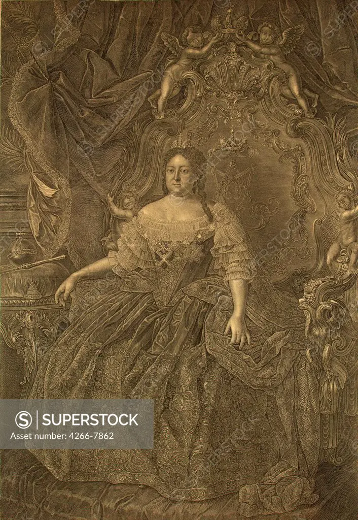 Portrait of Empress Anna Ioannovna by Christian Albrecht Wortmann, Copper engraving, 1740s, 1680-1760, Russia, St. Petersburg, State Hermitage, 67,5x46
