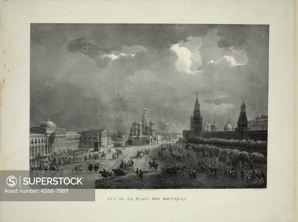 Red Square in Moscow by Auguste Jean Baptiste Antoine Cadolle, Lithograph, circa 1830, 1782-1849, Private Collection, 53x69,7