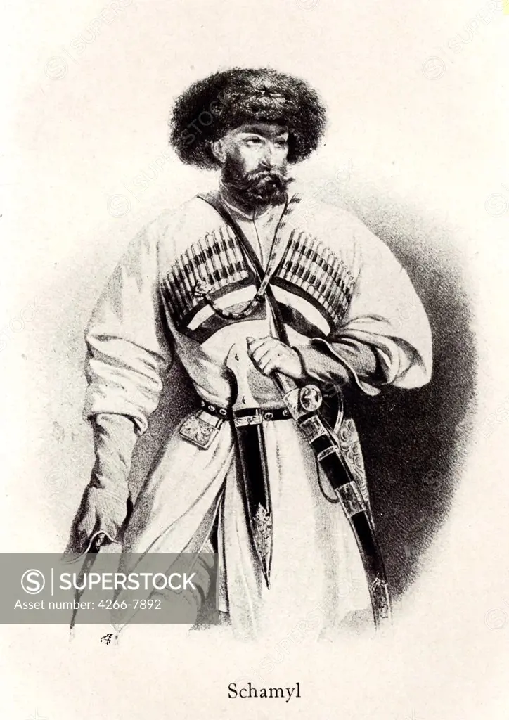 Portrait of Imam Shamil by Anonymous artist, Lithograph, 19th century, Private Collection