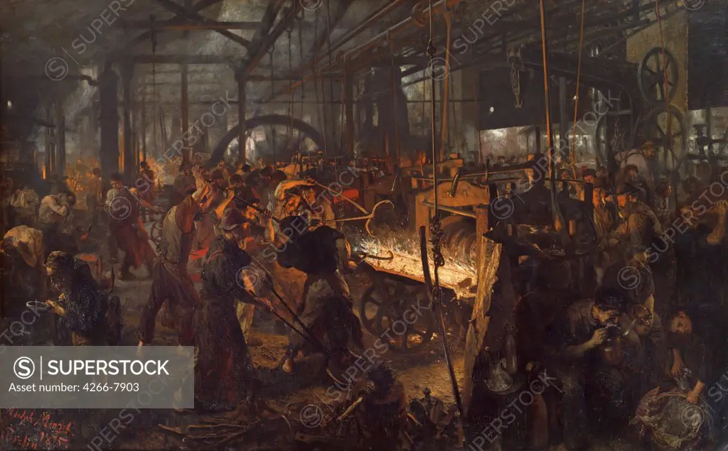Men at industrial plant by Adolph Friedrich von Menzel, Oil on canvas, 1873-1875, 1815-1905, Germany, Berlin, Staatliche Museen, 254x158