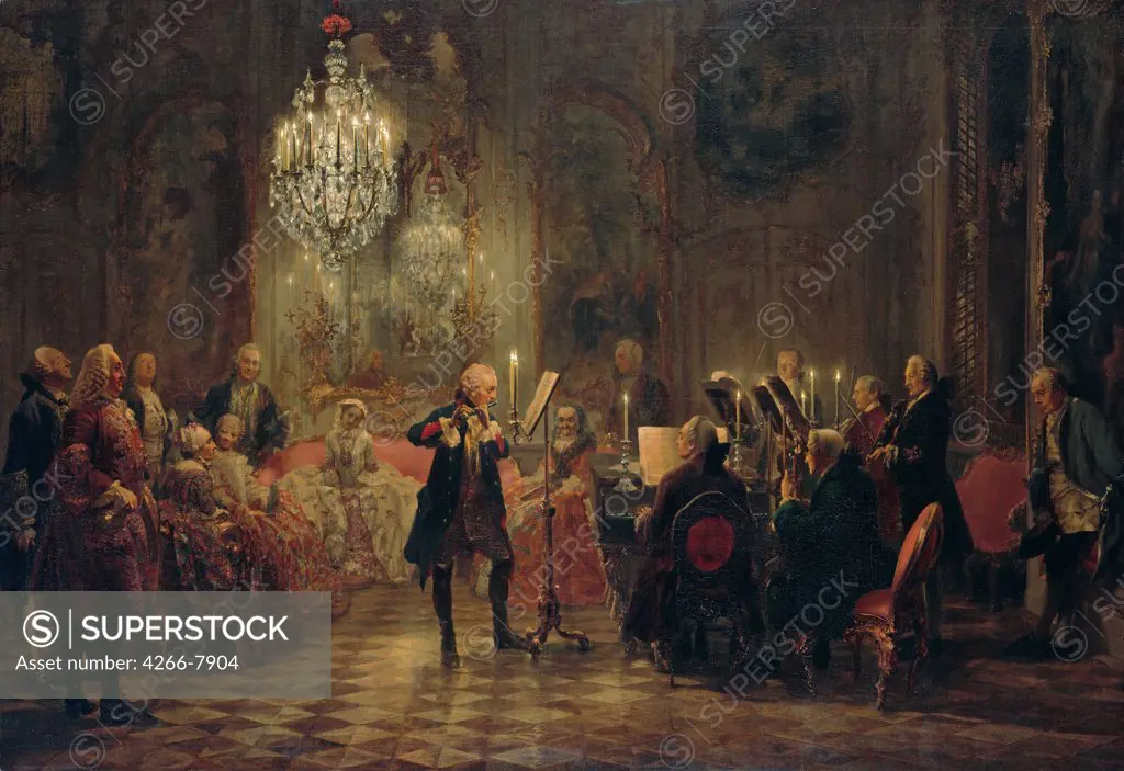 Cameral concert for aristocrats by Adolph Friedrich von Menzel, Oil on canvas, 1850-1852, 1815-1905, Germany, Berlin, Staatliche Museen, 205x142