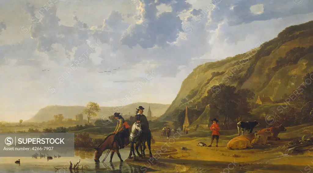 Horses at watering-place by Albert Cuyp, Oil on canvas, circa 1655, 1620-1691, Netherlands, Amsterdam, Rijksmuseum, 227,5x128