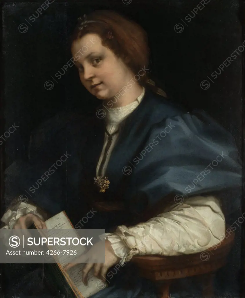 Woman with book by Andrea del Sarto, Oil on wood, 1528, 1486-1531, Italy, Florence, Galleria degli Uffizi, 69x87