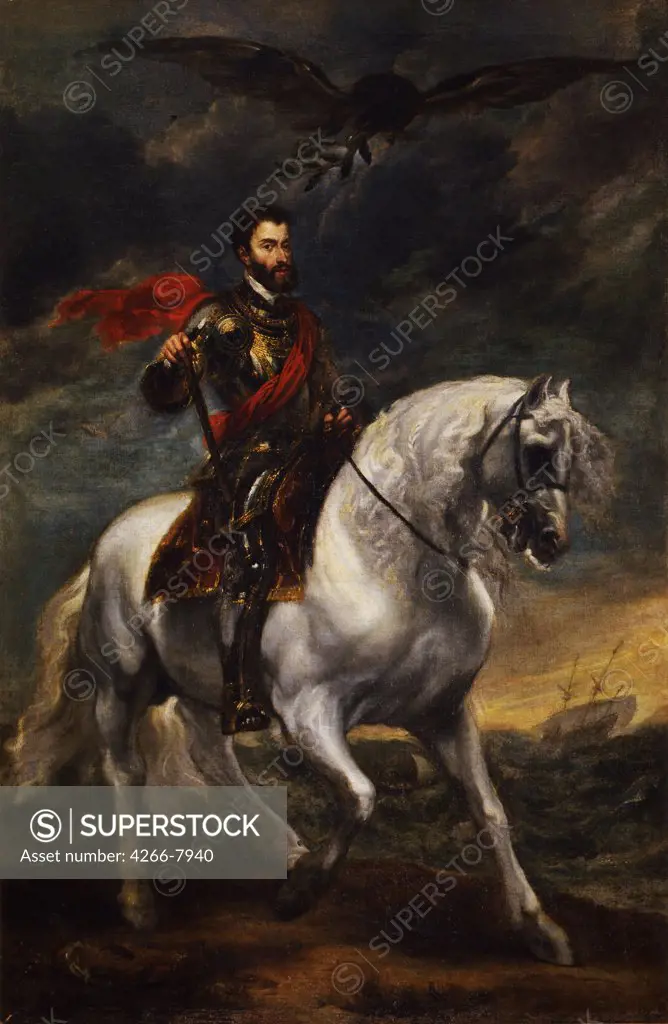 Emperor on horse by Sir Anthonis van Dyck, Oil on canvas, circa 1620, 1599-1641, Italy, Florence, Galleria degli Uffizi, 191x123