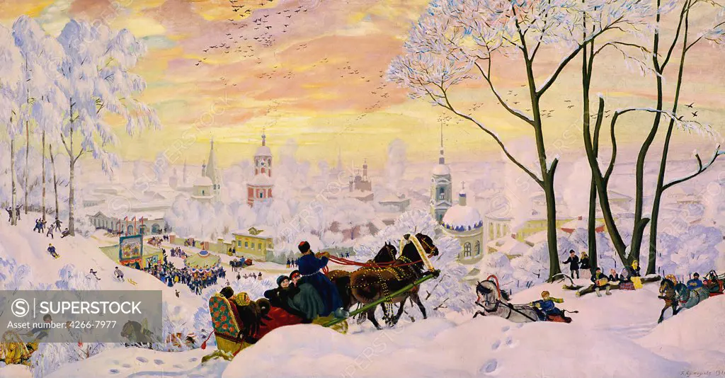 Winter landscape in Russia by Boris Michaylovich Kustodiev, Oil on canvas,1916, 1878-1927, Russia, Moscow, State Tretyakov Gallery, 61x123