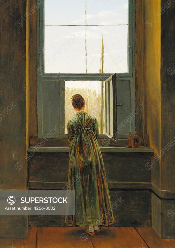 Woman looking through window by Caspar David Friedrich, Oil on canvas, 1822, 1774-1840, Germany, Berlin, Staatliche Museen, 73x44