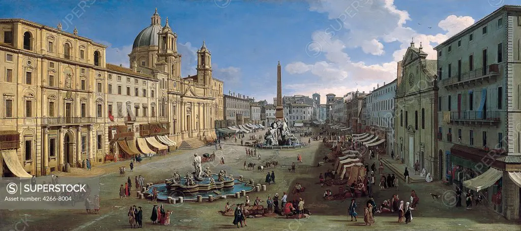 Piazza Navona in Rome by Caspar Adriaans van Wittel, Oil on canvas, 1699, 1656-1736, Thyssen-Bornemisza Collections 96,5x216