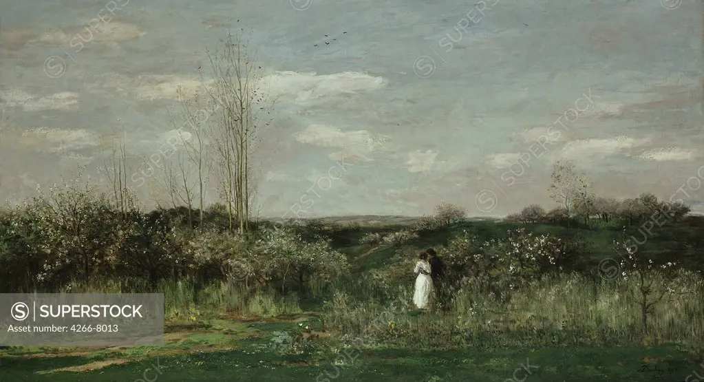Couple on field by Charles-Francois Daubigny, Oil on canvas,1862, 1817-1878, Germany, Staatliche Museen, 133x240