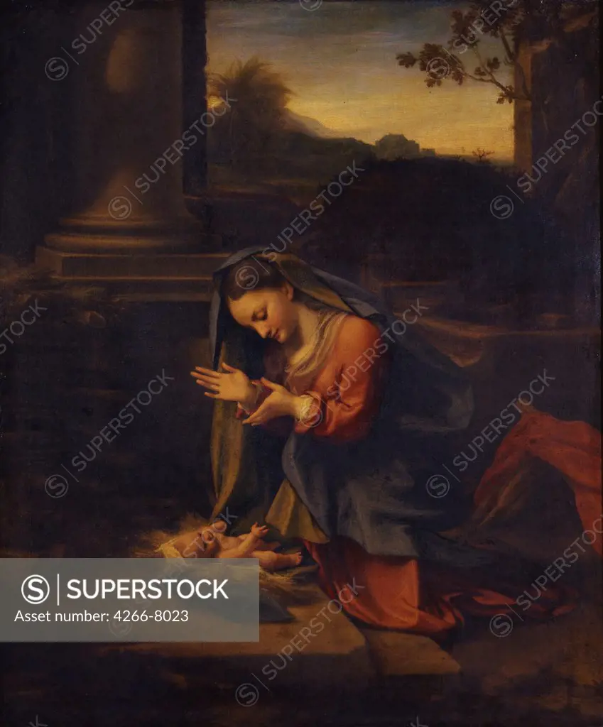 Virgin Mary looking at Infant Christ by Correggio, Oil on wood, circa 1525, 1489-1534, Italy, Florence, Galleria degli Uffizi, 81x77