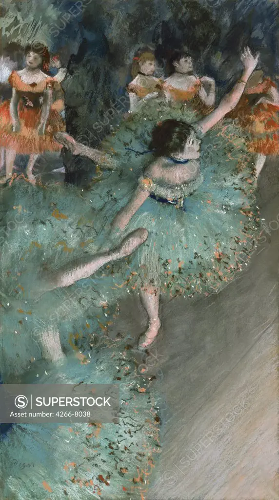 Ballerinas by Edgar Degas, gouache and pastel on paper, 1877-1878, 1834-1917, Spain, Madrid, Thyssen-Bornemisza Collections, 64x36