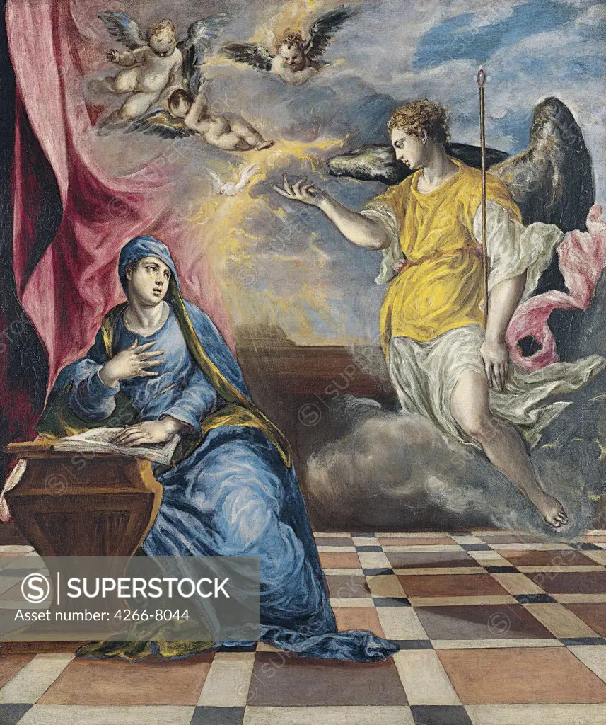 Annunciation to Virgin Mary by Dominico El Greco, oil on canvas, circa 1576, 1541-1614, Spain, Madrid, Thyssen-Bornemisza Collections, 117x98