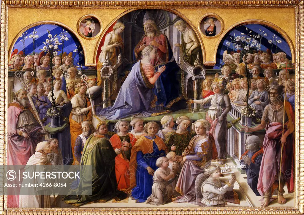 Assumption of Blessed Virgin by Filippo Fra Lippi, tempera on panel, 1439-1447, 1406-1469, Florentine School, Italy, Florence, Galleria degli Uffizi, 200x287