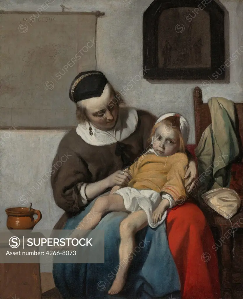 Sick child by Gabriel Metsu, oil on canvas, circa 1663, 1629-1667, Holland, Amsterdam, Rijksmuseum, 32,2x27,2