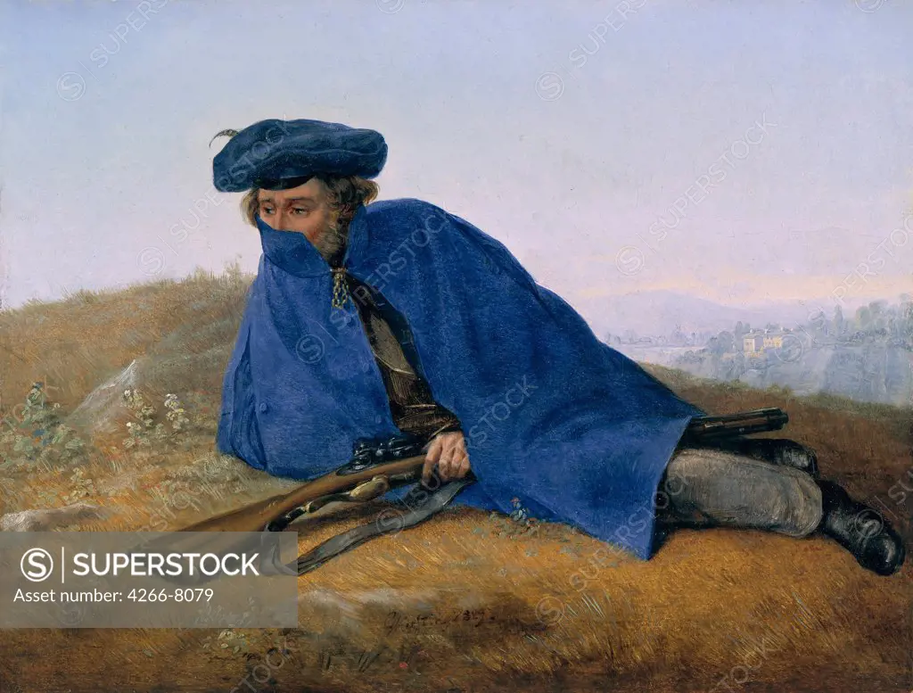 Soldier with rifle by Georg Friedrich Kersting, oil on wood, 1829, 1785-1847, Germany, Berlin, Staatliche Museen, 18x24