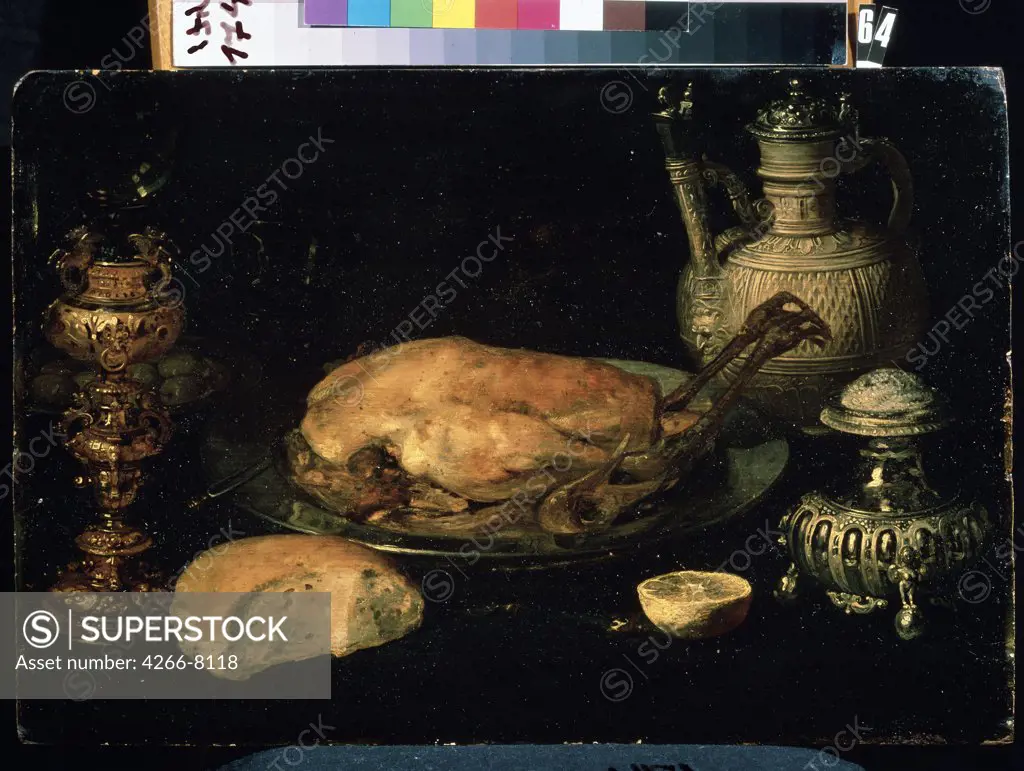 Still life with broiled chicken by Osias Beert Elder, oil on canvas, circa 1580-1624, Ukraine, Sevastopol, Kroshitsky Art Museum