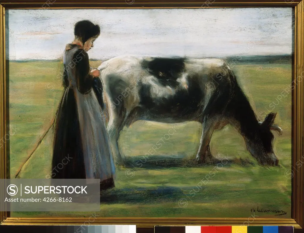 Girl with cow by Max Liebermann, pastel on paper, 1847-1935, Russia, Moscow, State Pushkin Museum of Fine Arts, 55x74