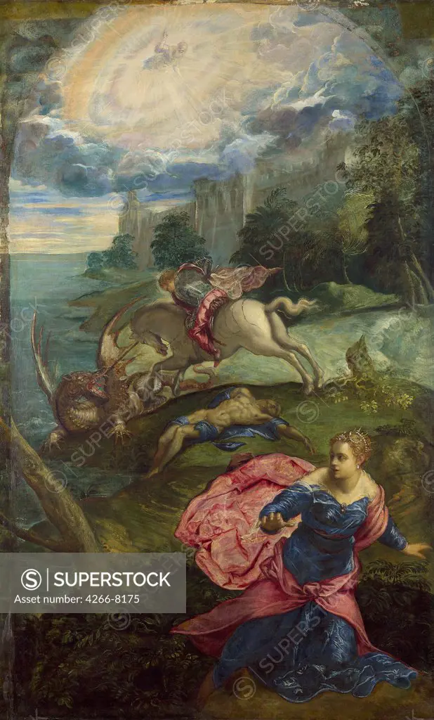Saint George and dragon by Jacopo Tintoretto, oil on canvas, circa 1555, 1518-1594, Venetian School, England, London, National Gallery, 158x100,5