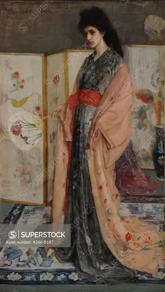 Portrait of woman in traditional japanese clothing by James Abbott McNeill Whistler, Oil on canvas, 1864, 1834-1903, USA, Washington, D.C., Freer Gallery of Art, 200x116