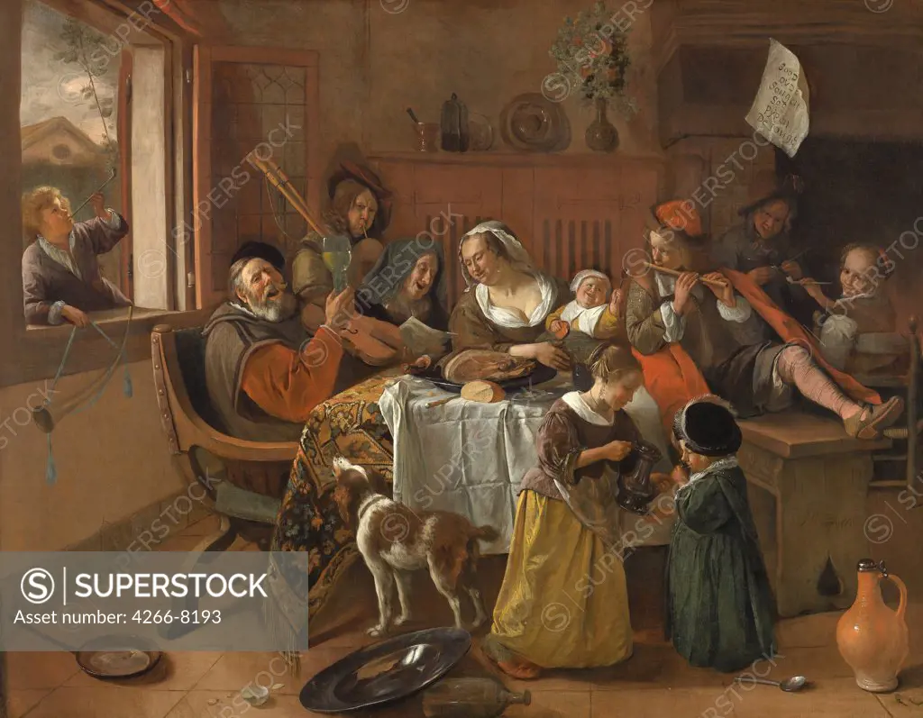 People playing on musical instrument and singing by Jan Havicksz Steen, Oil on canvas, 1668, 1626-1679, Holland, Amsterdam, Rijksmuseum, 110,5x141