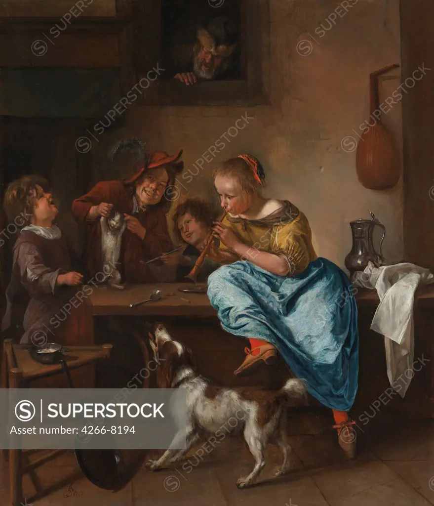 Illustration with girl playing on flute by Jan Havicksz Steen, Oil on wood, Between 1660 and 1670, 1626-1679, Holland, Amsterdam, Rijksmuseum, 68,5x59