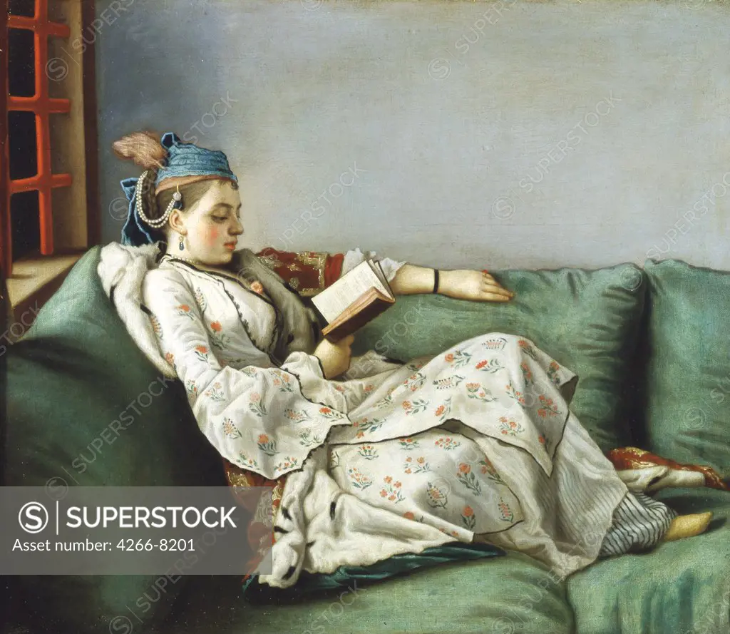 Woman reading book by Jean-Etienne Liotard, Oil on canvas, 1753, 1702-1789, Italy, Florence, Galleria degli Uffizi, 50x56