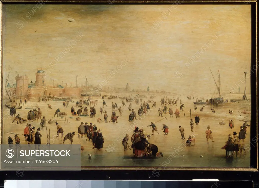 People on frozen river by Hendrick Avercamp, Oil on wood, 1585-1634, Russia, Moscow, State A. Pushkin Museum of Fine Arts, 24x38