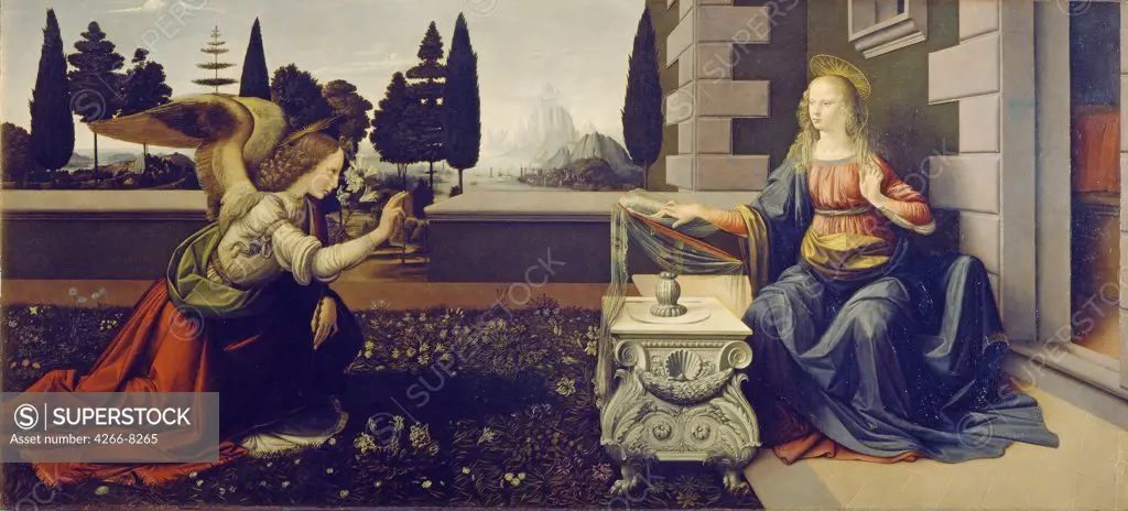 Annunciation by Leonardo da Vinci, Oil on wood, circa 1471-1472, 1452-1519, Italy, Florence, Galleria degli Uffizi, 98x217