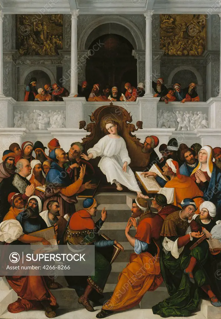 Twelve-Year-Old Jesus Teaching in Temple by Ludovico Mazzolino, Oil on wood, 1524, 1480-1528, Germany, Berlin, Staatliche Museen, 256x182, 5