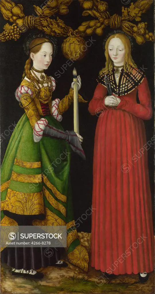 Religious illustration with Saint Apollonia and Saint Genevieve by Lucas Cranach the Elder, Oil on wood, 1506, 1472-1553, Great Britain, London, National Gallery, 123x67