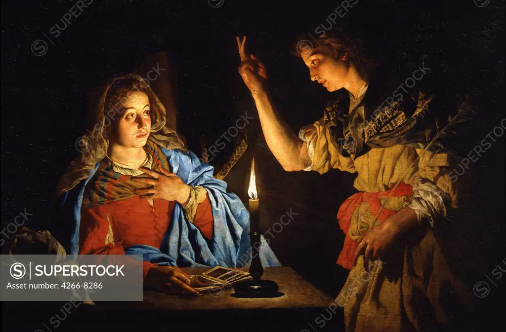 Annunciation by Matthias Stomer, Oil on canvas, circa 1600-after 1650, 17th century, Italy, Florence, Galleria degli Uffizi, 113x166