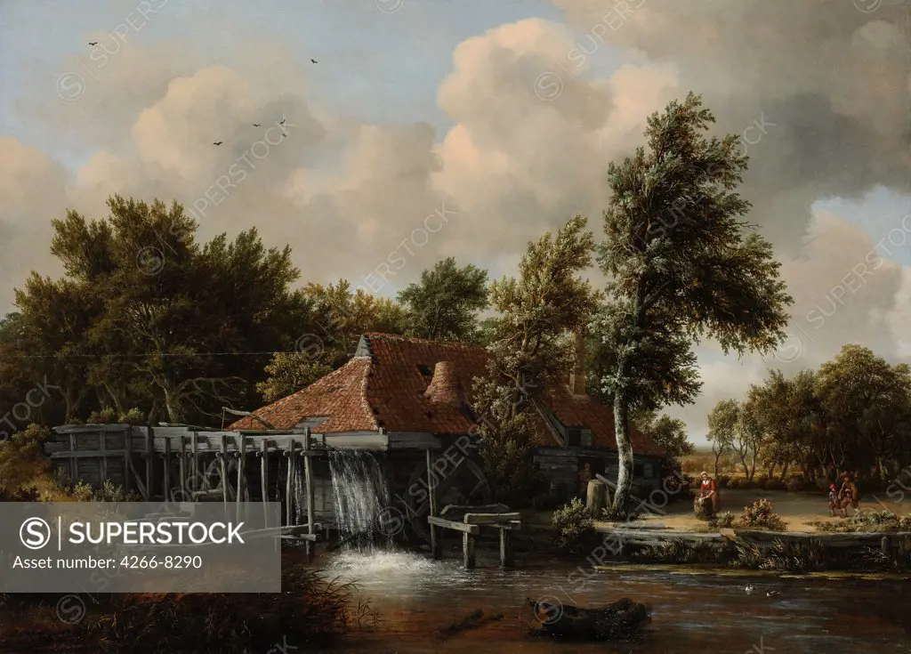 Landscape with mill by Meindert Hobbema, Oil on wood, circa 1665, 1638-1709, Holland, Amsterdam, Rijksmuseum, 62x85, 5