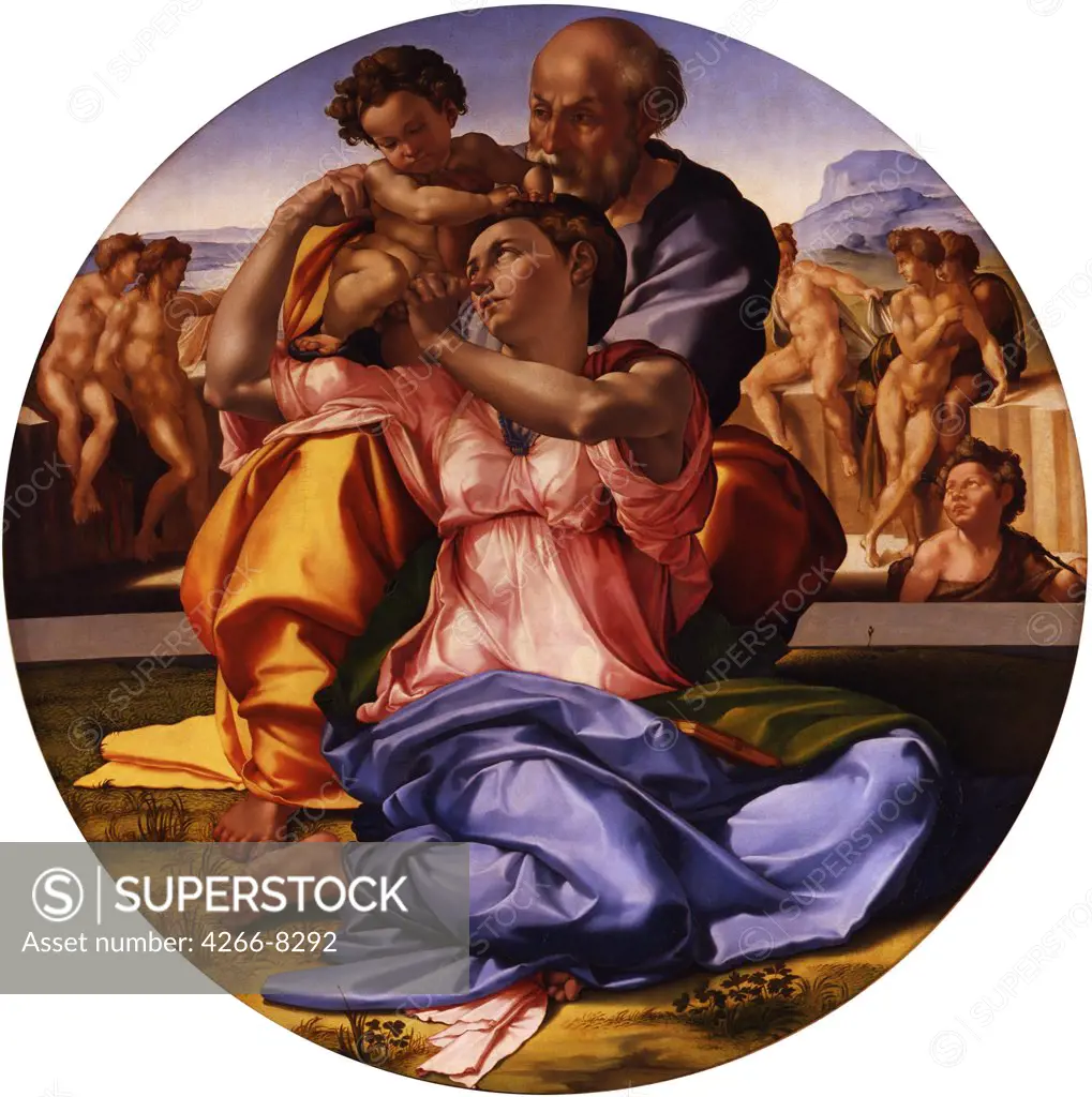 Holy Family by Michelangelo Buonarroti, Tempera on panel, 1475-1564, Italy, Florence, Galleria degli Uffizi, D 120