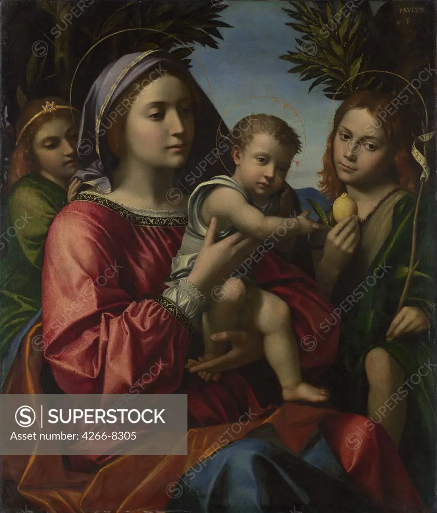 Religious illustration with Virgin Mary, Jesus Christ and John the Baptist by Paolo Morando, Oil on canvas, circa 1516, circa 1486/8 - 1522, Great Britain, London, National Gallery, 75, 6x64, 8