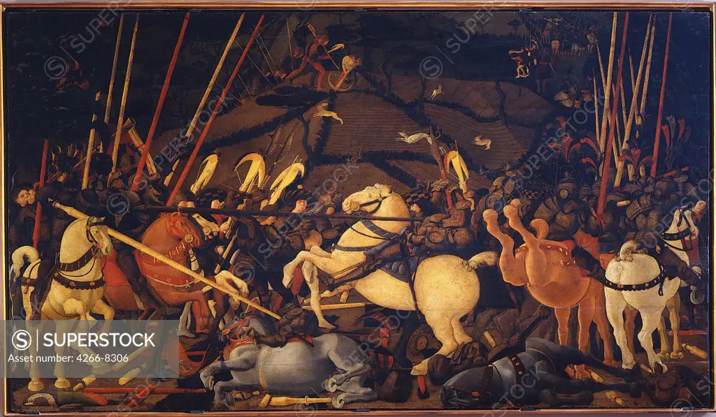 Battle Of San Romano by Paolo Uccello, Tempera on panel, circa 1440, 1397-1475, Italy, Florence, Galleria degli Uffizi, 188x327