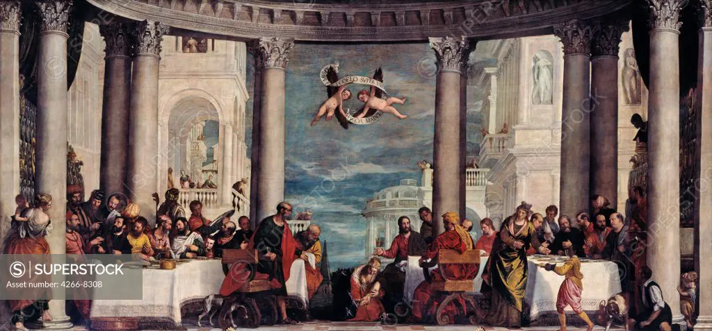 religious illustration with Mary Magdalene and Jesus Christ by Paolo Veronese, Oil on canvas, 1570, 1528-1588, Musee de l'Histoire de France, 454x974