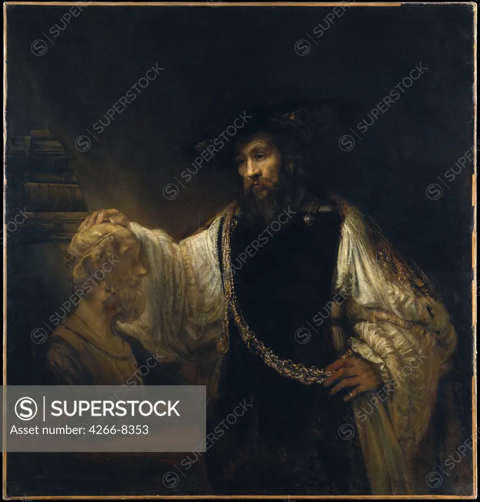 Man standing next to bust by Rembrandt van Rhijn, Oil on canvas, 1653, 1606-1669, Usa, New York, Metropolitan Museum of Art, 144x137