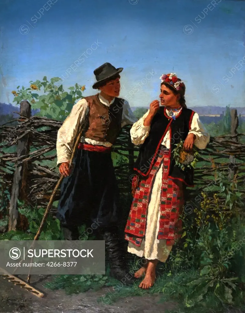 People standing by fence by Konstantin Alexandrovich Trutovsky, Oil on canvas, 1863, 1826-1893, Berdyansk, Regional Art Museum,