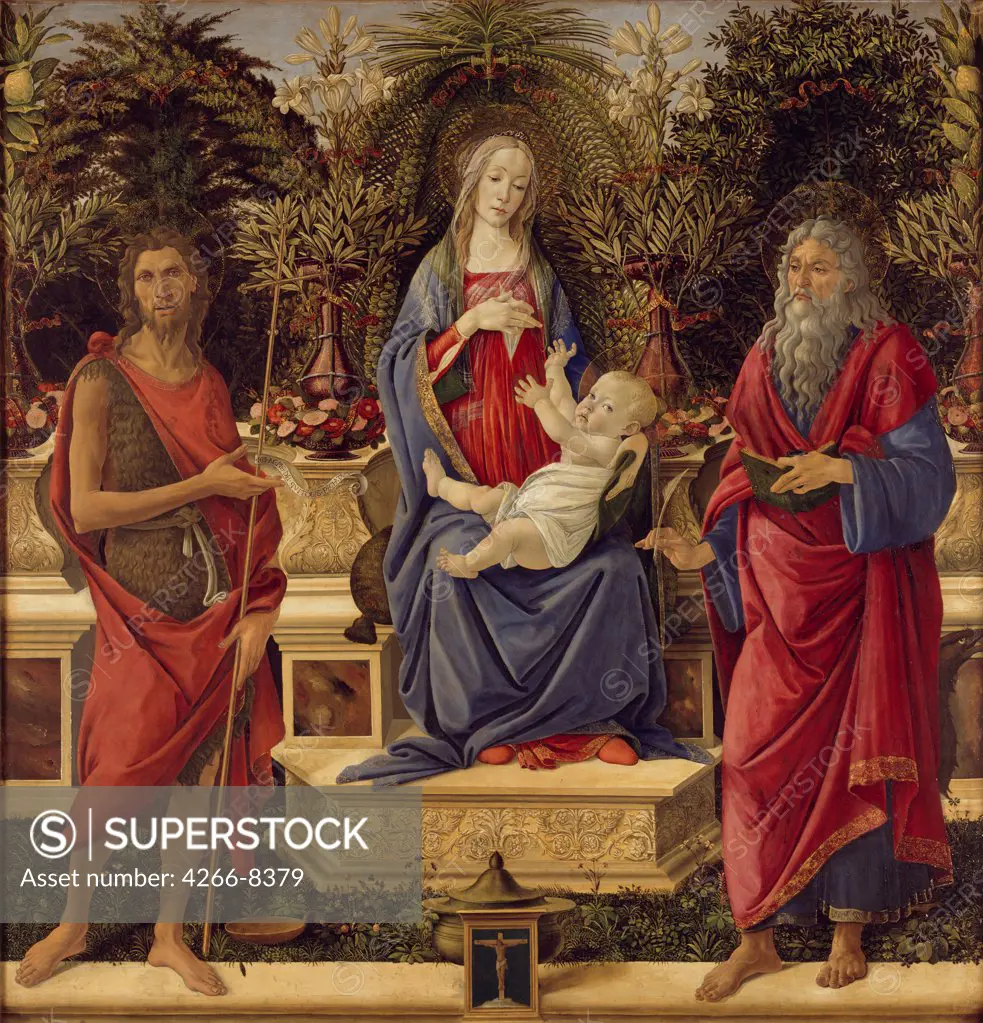Madonna and Child enthroned by Sandro Botticelli, Oil on wood, 1485, 1445-1510, Germany, Berlin, Staatliche Museen, 185x180