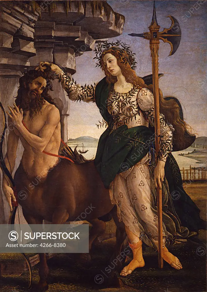 Athena and Centaur by Sandro Botticelli, Tempera on canvas, 1482, 1445-1510, Italy, Florence, Galleria degli Uffizi, 207x148