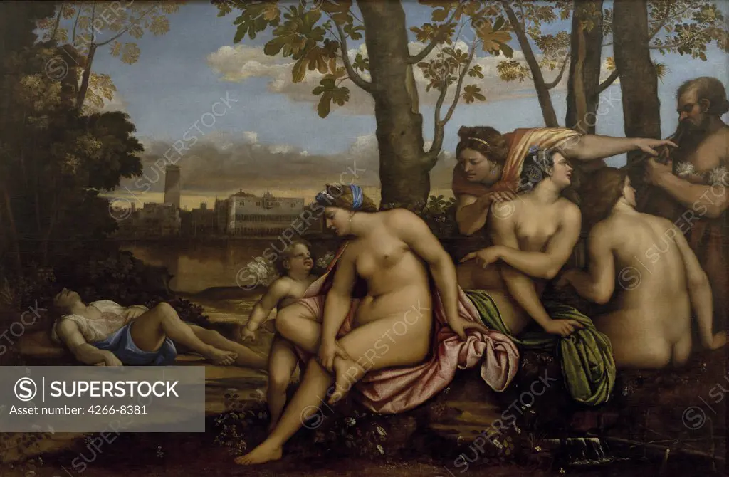 Naked women relaxing under trees by Sebastiano del Piombo, Oil on canvas, 1512, 1485-1547, Italy, Florence, Galleria degli Uffizi, 189x285